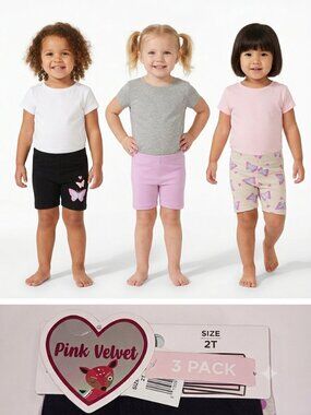 PINK VELVET Girl's 3 Pack Shorts Black W/Butterflies, Pink, Butterflies - 2T NWT